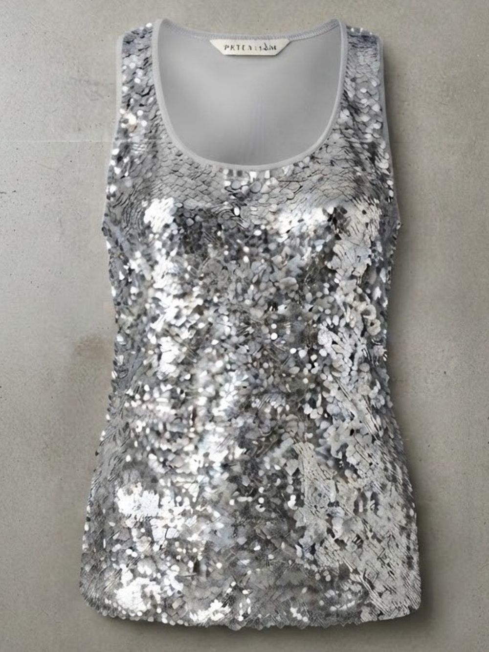 So Sparkly!! Peter Nygard Silver Sequins Scoop Neck Tank Sheer Back P2P:21’ +